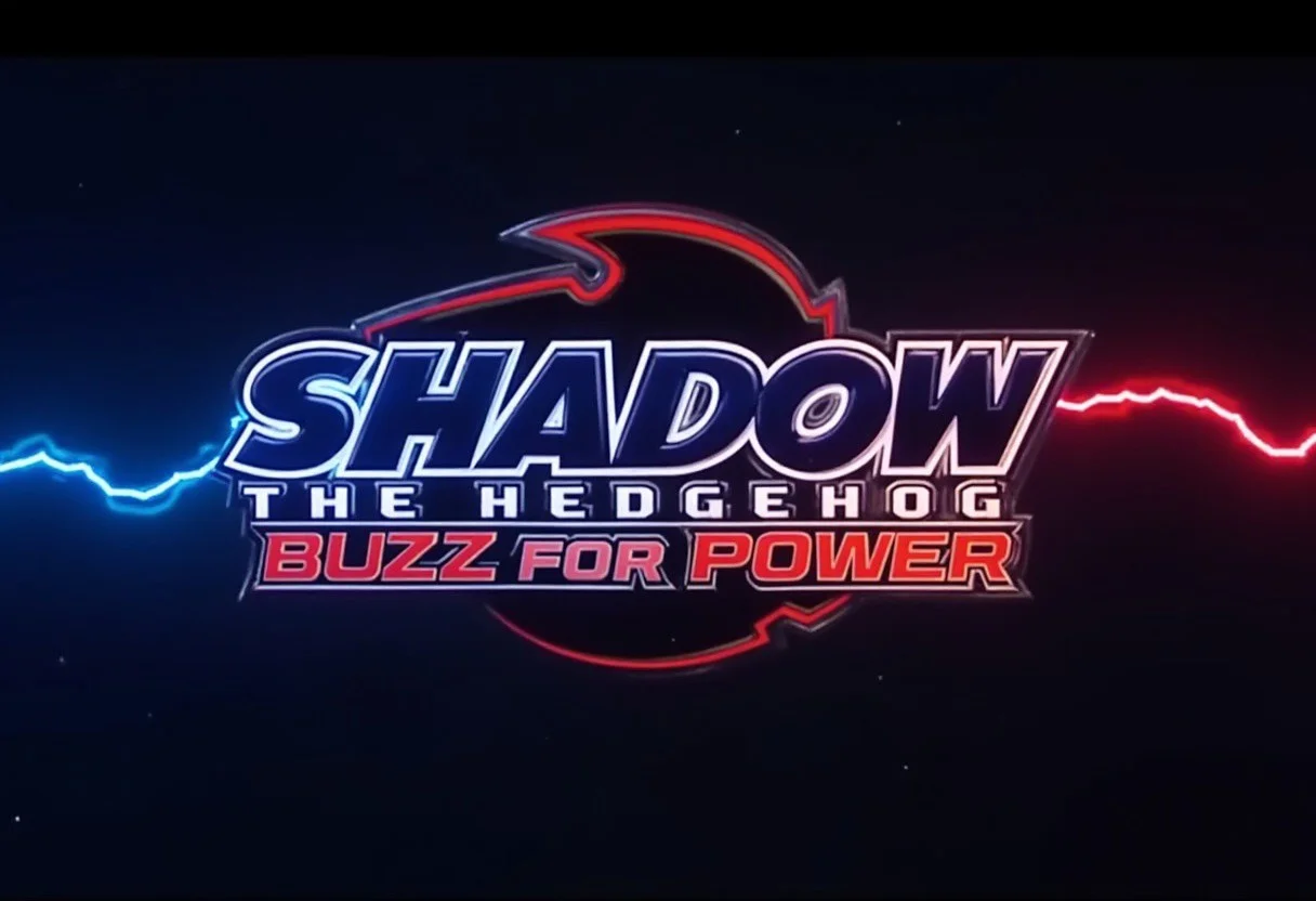 Shadow the Hedgehog logo, Movie Title Logo, tagline "Buzz for Power", electric, blue and red lightning