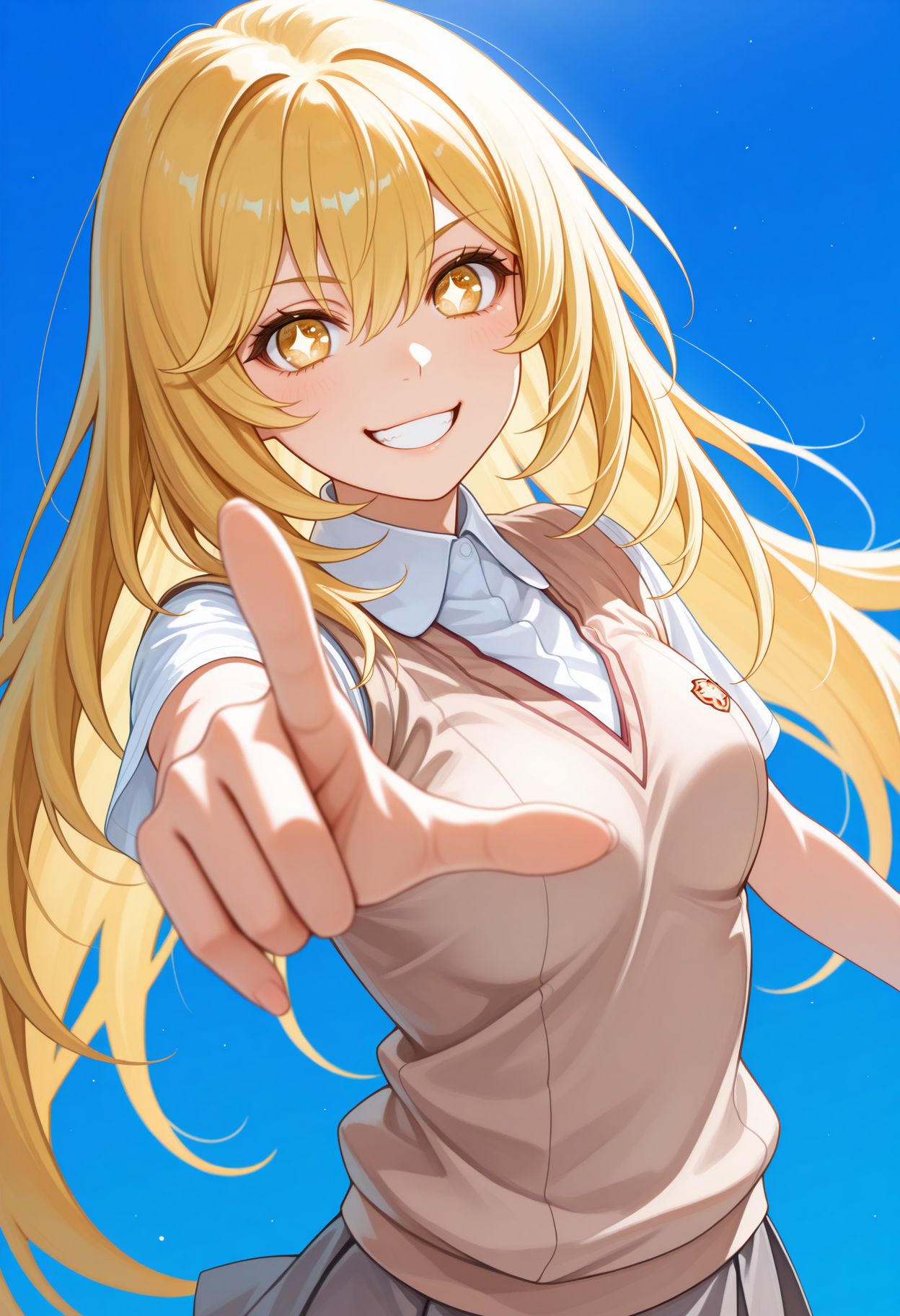 masterpiece,best quality,absurdres,highres,very aesthetic,high quality,detailed,insanely detailed,beautiful,perfect lighting, looking at viewer, smile, grin, , pointing at viewer, , open mouth, looking at viewer, smile, hair between eyes,, blue background,, upper body
 <lora:Shokuhou Misaki:1> 1girl, blonde hair, symbol-shaped pupils, star-shaped pupils, long hair, tokiwadai school uniform, summer uniform, brown sweater vest, pleated skirt, white shirt, collared shirt,  short sleeves, miniskirt, grey skirt,