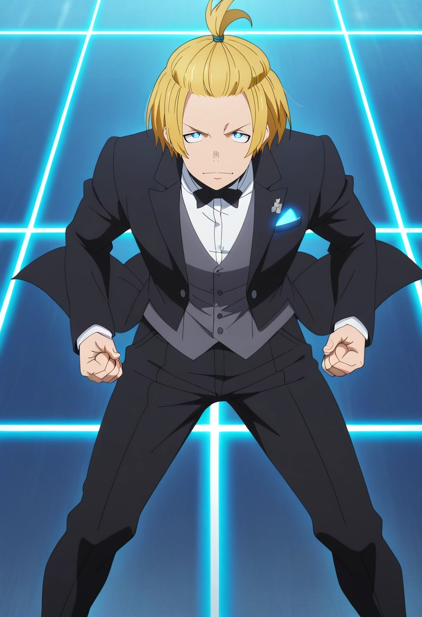 masterpiece, best quality, , anime screencap, anime coloring, official style,, 1boy, solo, male focus, <lora:arthur_boyle_ilxl:0.9>, arthur_boyle, blonde hair, blue eyes, short hair, bangs pinned back, topknot, , , high-tech arena, glowing grids, digital barriers, racing cycles, action pose, confident expression, electric ambiance, butler costume