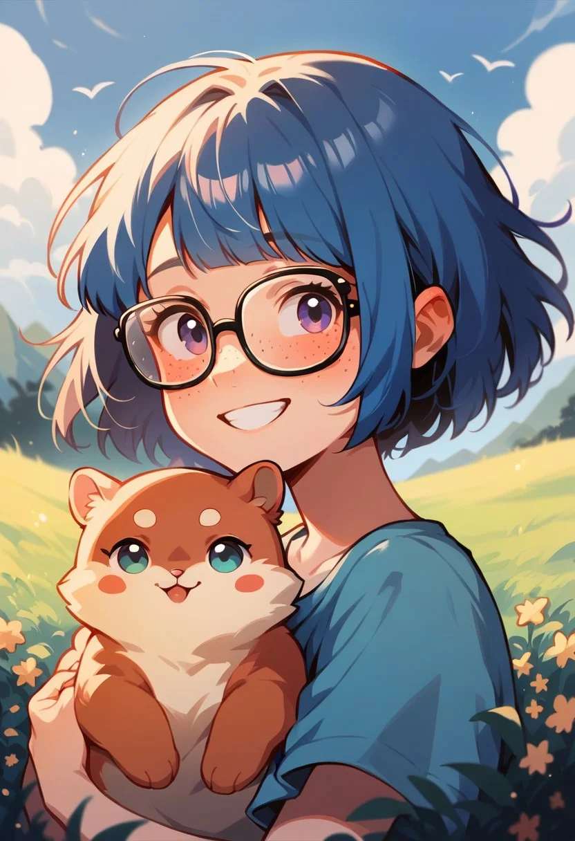 score_9, score_8_up, score_7_up, score_6_up, <lora:p3tl0v3XLP:1> p3tl0v3, 1girl, 22yo, blue hair, bob cut, thick glasses, freckles, cute smile, squirrel on shoulder, kawaii, cute, outdoors, mountain stream in background