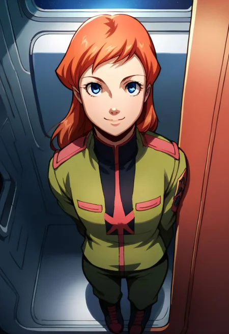 score_9, score_8_up, score_7_up, solo, 1girl, female focus, source_cartoon, 2D, solo, julie_power, red hair, blue eyes, flat chest, uniform, zeon officer, spacecraft interior, looking at viewer, smile, from above, full body