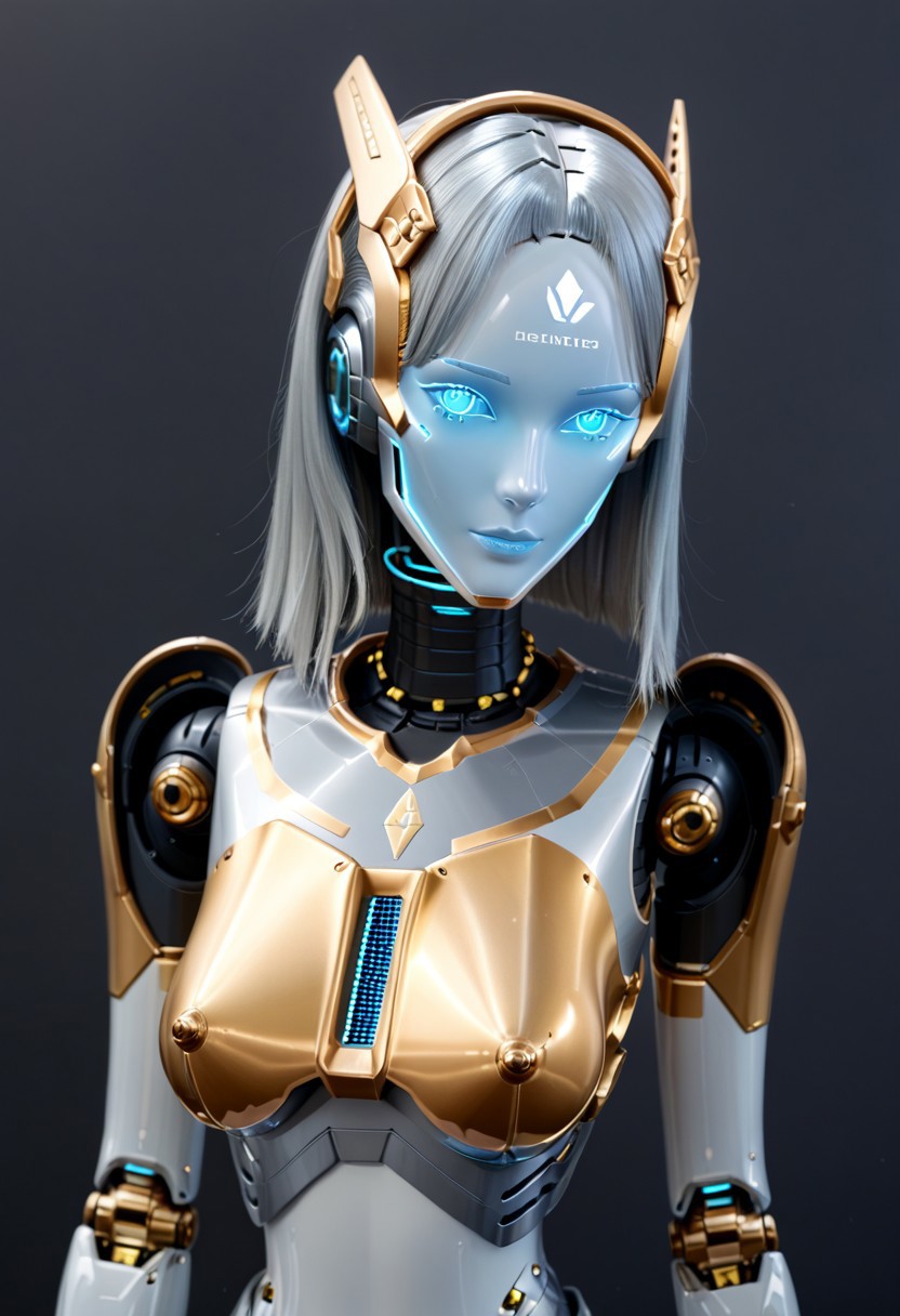 A 35mm photo of a beautiful robotic woman, she has a faceless robotic head, robot, silver hair, smooth metallic featureless feminine body, blue colour with gold accents
no face, mechanical limbs, robot joints, metal skin