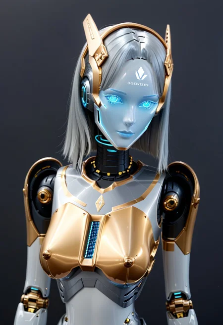 A 35mm photo of a beautiful robotic woman, she has a faceless robotic head, robot, silver hair, smooth metallic featureless feminine body, blue colour with gold accents
no face, mechanical limbs, robot joints, metal skin
