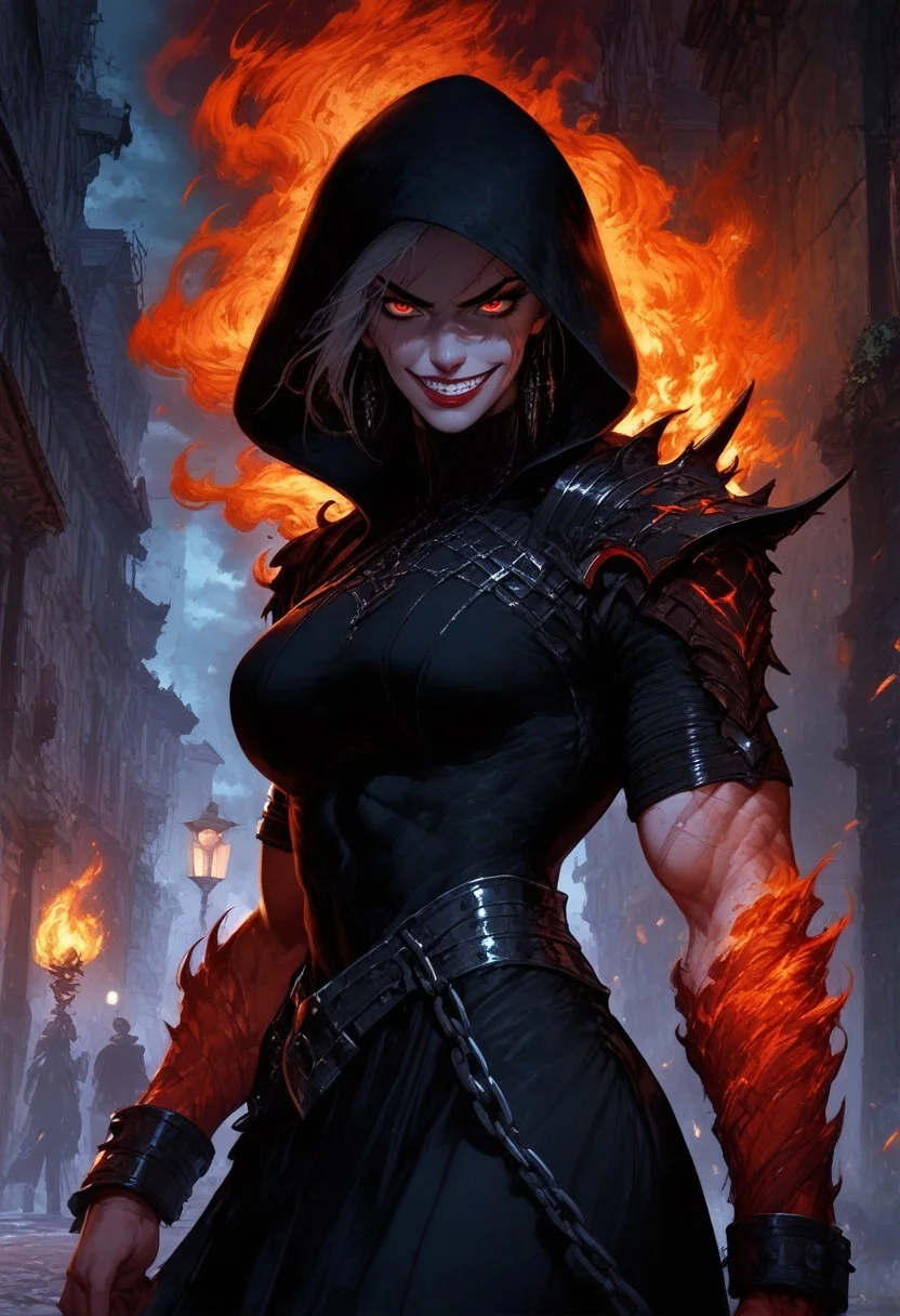 BREAK score_9, score_8_up, score_7_up, street, moon, fire, dark, ominous, muscular woman, pale skin, scars cultist, black hood, red irises, evil smirk, dark dress, abs, chains, cowboy shot
(masterpiece, best quality, ultra detailed, intricate details:1.2), dynamic lighting, detailed face, detailed teeth, perfect eyes, beautiful face