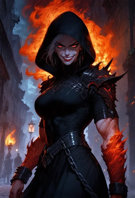 BREAK score_9, score_8_up, score_7_up, street, moon, fire, dark, ominous, muscular woman, pale skin, scars cultist, black hood, red irises, evil smirk, dark dress, abs, chains, cowboy shot
(masterpiece, best quality, ultra detailed, intricate details:1.2), dynamic lighting, detailed face, detailed teeth, perfect eyes, beautiful face