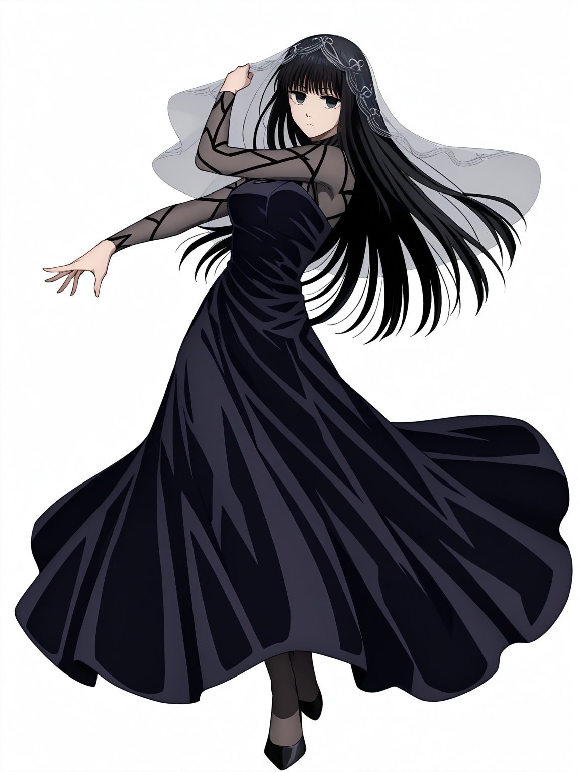 <lora:Osaragi:0.8>, osaragi, 1girl, solo, dark gray eyes, long black hair, bangs, hair veil, long gothic black dress, sheer sleeves, high collar, black pantyhose, black high heels, blank stare, deadpan, serious, neutral, dynamic pose, standing, looking at viewer, full body, white background