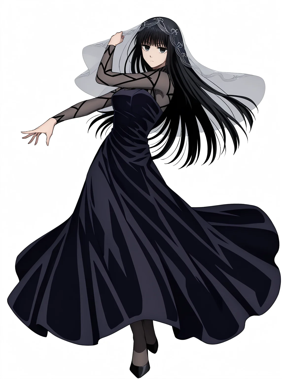 <lora:Osaragi:0.8>, osaragi, 1girl, solo, dark gray eyes, long black hair, bangs, hair veil, long gothic black dress, sheer sleeves, high collar, black pantyhose, black high heels, blank stare, deadpan, serious, neutral, dynamic pose, standing, looking at viewer, full body, white background