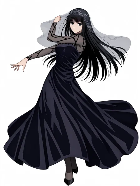 <lora:Osaragi:0.8>, osaragi, 1girl, solo, dark gray eyes, long black hair, bangs, hair veil, long gothic black dress, sheer sleeves, high collar, black pantyhose, black high heels, blank stare, deadpan, serious, neutral, dynamic pose, standing, looking at viewer, full body, white background