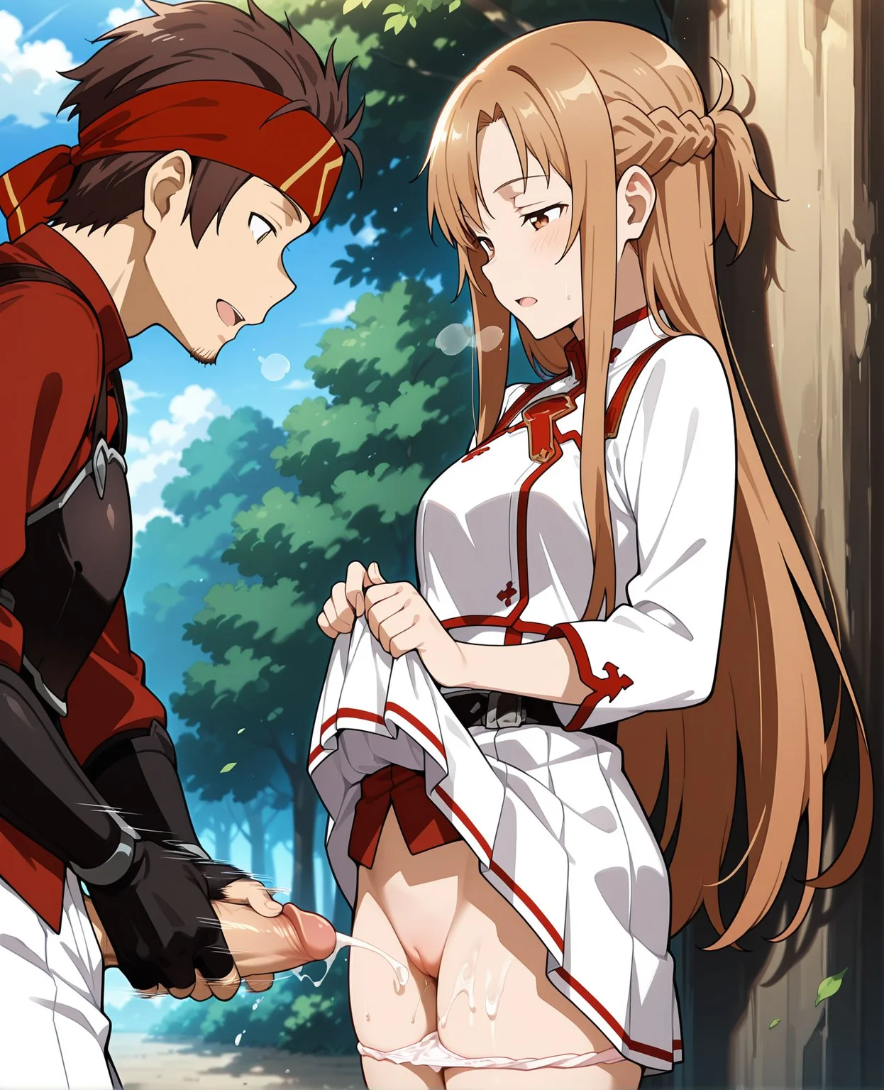 <lora:add-detail-xl:0.5>,,masterpiece,best quality,anime coloring,anime screenshot,
<lora:cum_in_panties:0.7>Cum_in_PantiesV1,heavy breathing,
1girl,hetero,penis,1boy,clothes pull,erection,moaning, half-closed eyes,
from side,cum in panties,hand on penis, male masturbation,
skirt lift, lifting own clothes, panties, pussy, pussy juice, side view,
motion lines, motion blur, cum on pussy, cum on thighs,
looking down,facing another, cum in air,projectile cum,
BREAK
tree,outdoors,
asuna \(sao\), asuna default outfit,
red and white clothes,white pleated skirt,
white shirt,
milf, 20YO,
Klein, brown eyes, brown hair, facial hair, red bandana,
red shirt,armor,white pants,
<lora:Klein:1>