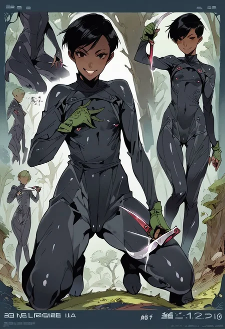 score_9, score_8_up, score_7_up, score_6_up, score_5_up, score_4_up, 1girl, black eyes, green tree, ((midnight)), tilted angle, loop lighting, (((forest))), solo, ((((holding sickle)))), Concept Art, flat breasts, flat ass, skinny leg, skinny body, slim girl, (18 years old)), ((pettie)), narrow waist, flat chest, , (((short))), flat breasts, flat ass, narrow waist, ((flat chest)), (((short))), ((flat chest)), (((anorexic))), ((((dark skin woman))))), (((tight green glove))), ((((bodysuit)))), black hair, (((pixie cut))), (((smile mouth))), ((green glove)), , ((nipple)), ((((((dynamic pose))))))) , ((((((dynamic hand))))))) , ((((((dynamic leg))))))) ,(((((((black bodysuit)))))), ((((lesbian))))), ((((crouched on a very high tree)))), ((((((((character sheet)))))))), (black face), faceless