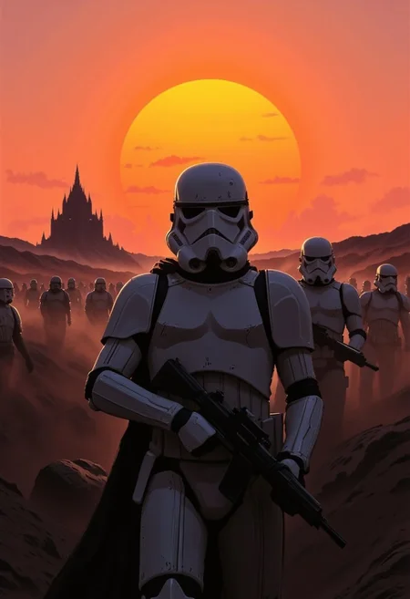 A squad of Stormtroopers stands in the foreground, their pristine white armor casting stark, imposing silhouettes against the vibrant hues of a breathtaking orange and pink sunset. The fading light bathes the entire scene in a melancholic, golden glow, with the sky painted in shades of amber, rose, and dusky violet. Their helmets, iconic and expressionless, reflect the sunset’s colors in subtle highlights, making them appear almost surreal—soldiers of an empire standing at the edge of twilight.
Their formation is precise, disciplined, exuding the silent menace of enforcers who know only duty. Each trooper grips a blaster rifle, their postures rigid, ever watchful for unseen threats. The soft light glints off their armor, revealing scuff marks and subtle signs of battle wear—evidence of countless missions carried out in the name of order. The lead Stormtrooper, slightly ahead of the others, stands with an air of quiet authority, his visor catching the last rays of the sun.
Behind them, mist swirls like creeping fog, shrouding their lower bodies and adding a ghostly presence to the scene. In the distance, the silhouette of a colossal black fortress emerges from the haze, its towering spires faint but unmistakable, standing as a dark and ominous reminder of the Empire’s reach. The air is thick with tension—charged with an unspoken threat—and yet there is an eerie stillness, as if the galaxy itself holds its breath. The warm sunset clashes with the cold, unyielding presence of the Stormtroopers, their rigid forms standing as a bridge between fleeting beauty and the relentless march of control.