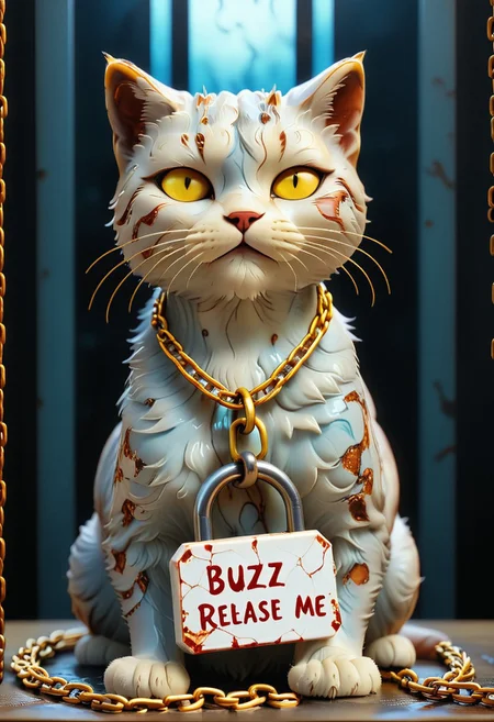 ((photorealistic)), ((1kity)),  score_9, score_8_up, score_7_up, score_6_up, score_5_up, 1kity, baby cat, detail face, long ear, long wavy hair, golden hair, black wavy hair, wavy hair, caught with lock and chain, rusted Chain, ,blood outs form arms, weeping eyes, detailed skin, rusted Jail background, jails cell forground, rusted jail, warrior princess, arrogant, aloof, (((holding a tag attached with chain and lock that says "Buzz-Release Me", text: "Buzz-Release Me"))), realistic skin, detailed skin