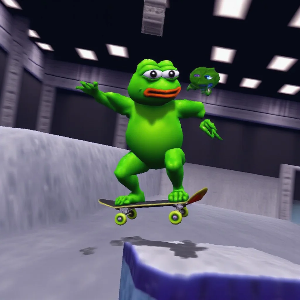 Pepe skateboarding. flat lighting, low resolution, crt scanlines, low poly