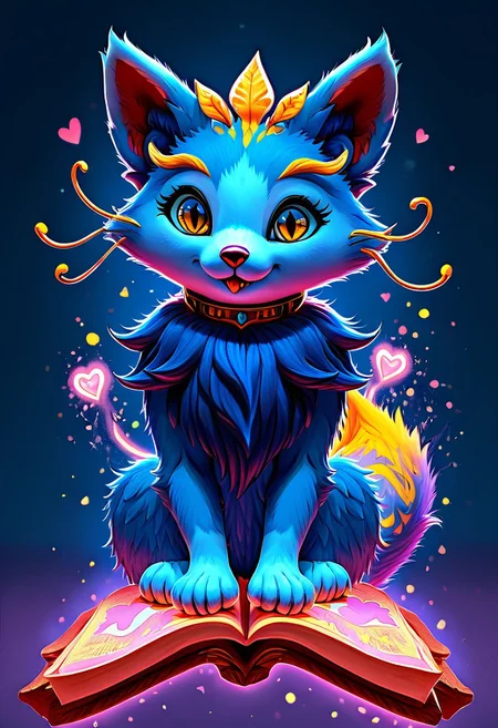 Score_9, Score_8_up, Score_7_up, Detailed draw, feral, animal, quadruped, wonderful, anthro, biped, no humans, (yuumi-default:1.5), blue fur, chest tuft, yellow whiskers, blonde eyebrows, headgear, necklace, yellow tail tip, cute,lick paw, cute lovely hearts detail, adorable, cuddly, sitting, huge body, riding book, (floating object riding book:1.5), magic spells around book, floating object, kitty paws, (fluffy fur body:1.5), big cute eyes, looking at the viewer, happy eyes, long fur, two toned fur, yellow eyes, slit eyes, cute fangs, ng_deepnegative_v1_75t, (cute and pretty:luminescent paints, phosphorus paints, glows at night, paint splash), more detail fur and visual, warm color, vibrant colour,