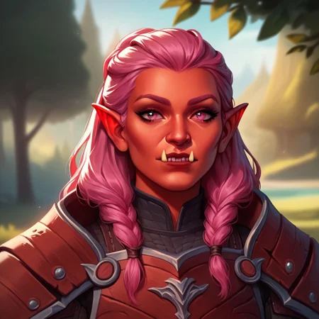 (((beautiful, high quality))), upper body, score_9, score_8_up, score_7_up, solo,
looks at the viewer,
Hobgoblin, red skin, fangs, big nose, 1girl, pink eyes, long pink hair, armor,
outdoor, fantasy background, nature, blurred background,