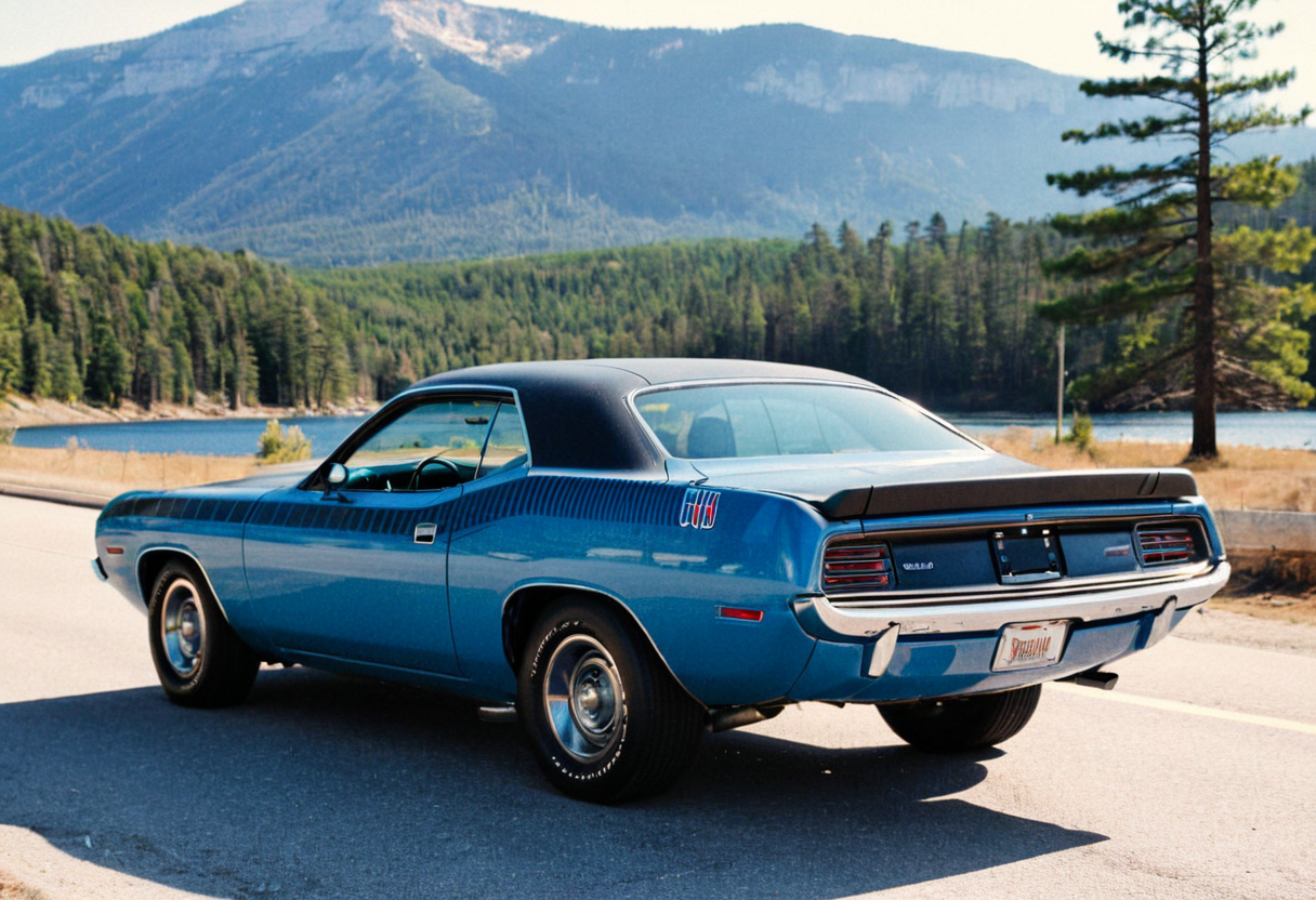 ClassicMuscleCar, blue Plymouth Barracuda, side view, sunny, road, mountains, lakeside, pine trees, 4K, highly detailed, (stylish grainy analog 35mm film photo)
