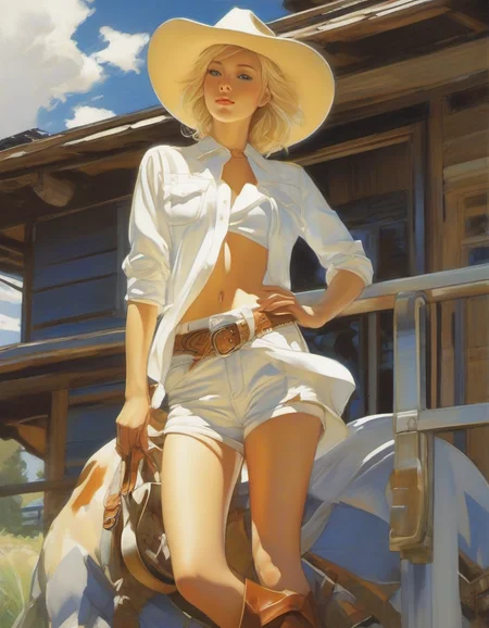 Blonde Cowgirl in white short, art by Makoto Shinkai, art by J C Leyendecker