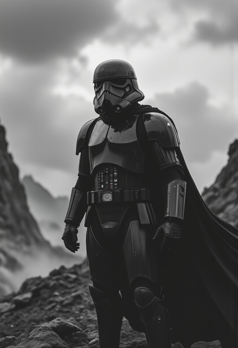 A lone dark sci-fi stormtrooper from star wars heavily armored, cracked and battle-worn armor, flowing black cape, standing in a desolate rocky landscape, stormy sky, cinematic lighting, fog and ash particles, monochrome color scheme, ultra-detailed, post-apocalyptic atmosphere