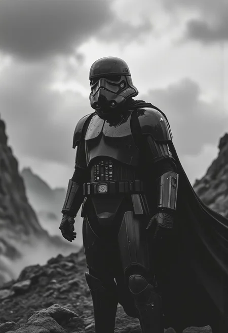 A lone dark sci-fi stormtrooper from star wars heavily armored, cracked and battle-worn armor, flowing black cape, standing in a desolate rocky landscape, stormy sky, cinematic lighting, fog and ash particles, monochrome color scheme, ultra-detailed, post-apocalyptic atmosphere
