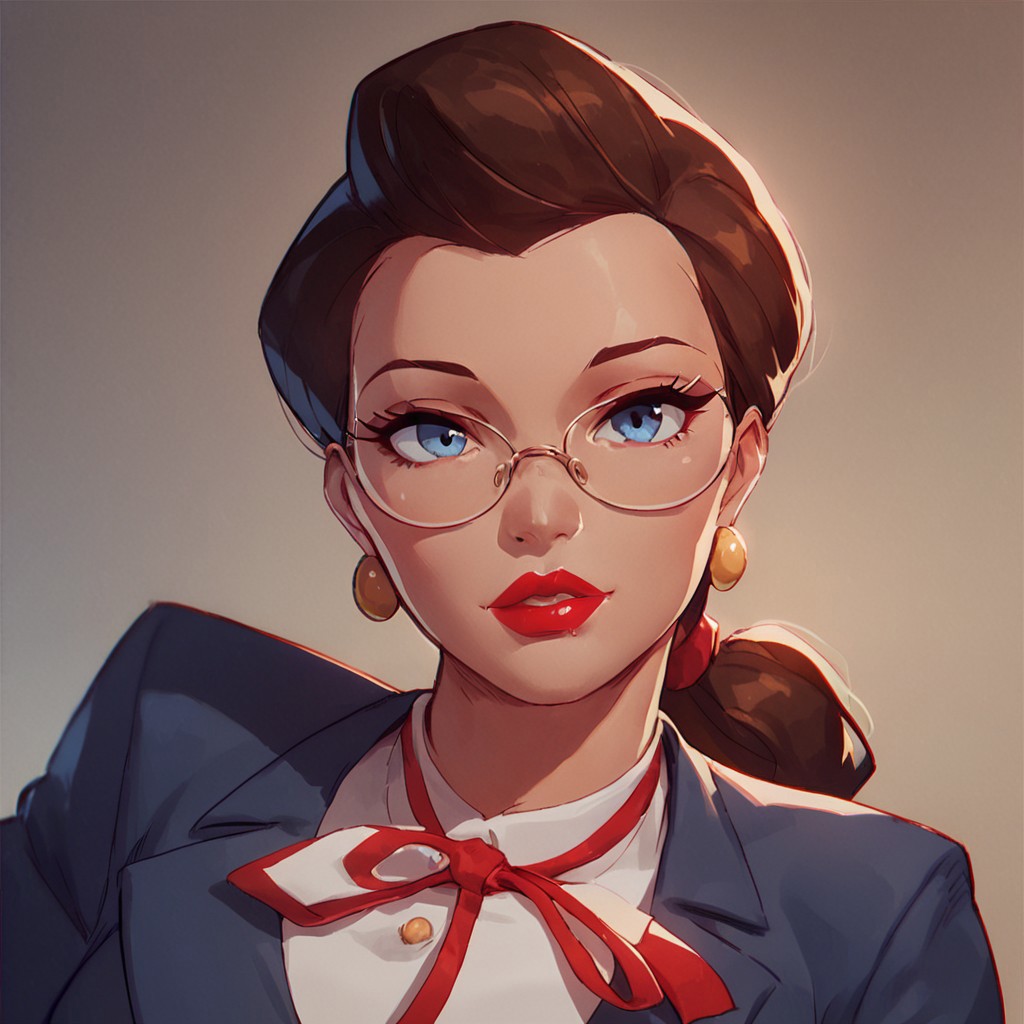 score_9, score_8_up, score_7_up, solo, 1girl, lipstick, ponytail, brown hair, blue eyes, formal, glasses, suit, white shirt, formal, earrings, red ribbon, breast, face focus, courtroom background, Janet Van Dorn, looking at viewer