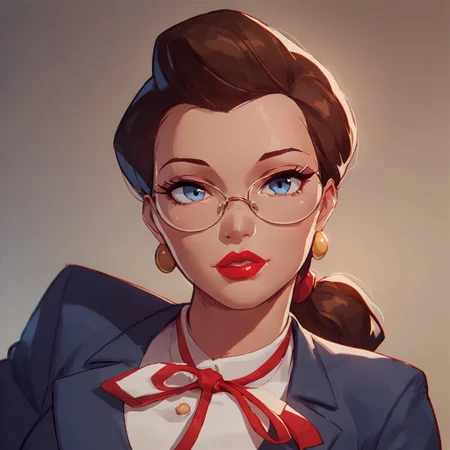 score_9, score_8_up, score_7_up, solo, 1girl, lipstick, ponytail, brown hair, blue eyes, formal, glasses, suit, white shirt, formal, earrings, red ribbon, breast, face focus, courtroom background, Janet Van Dorn, looking at viewer