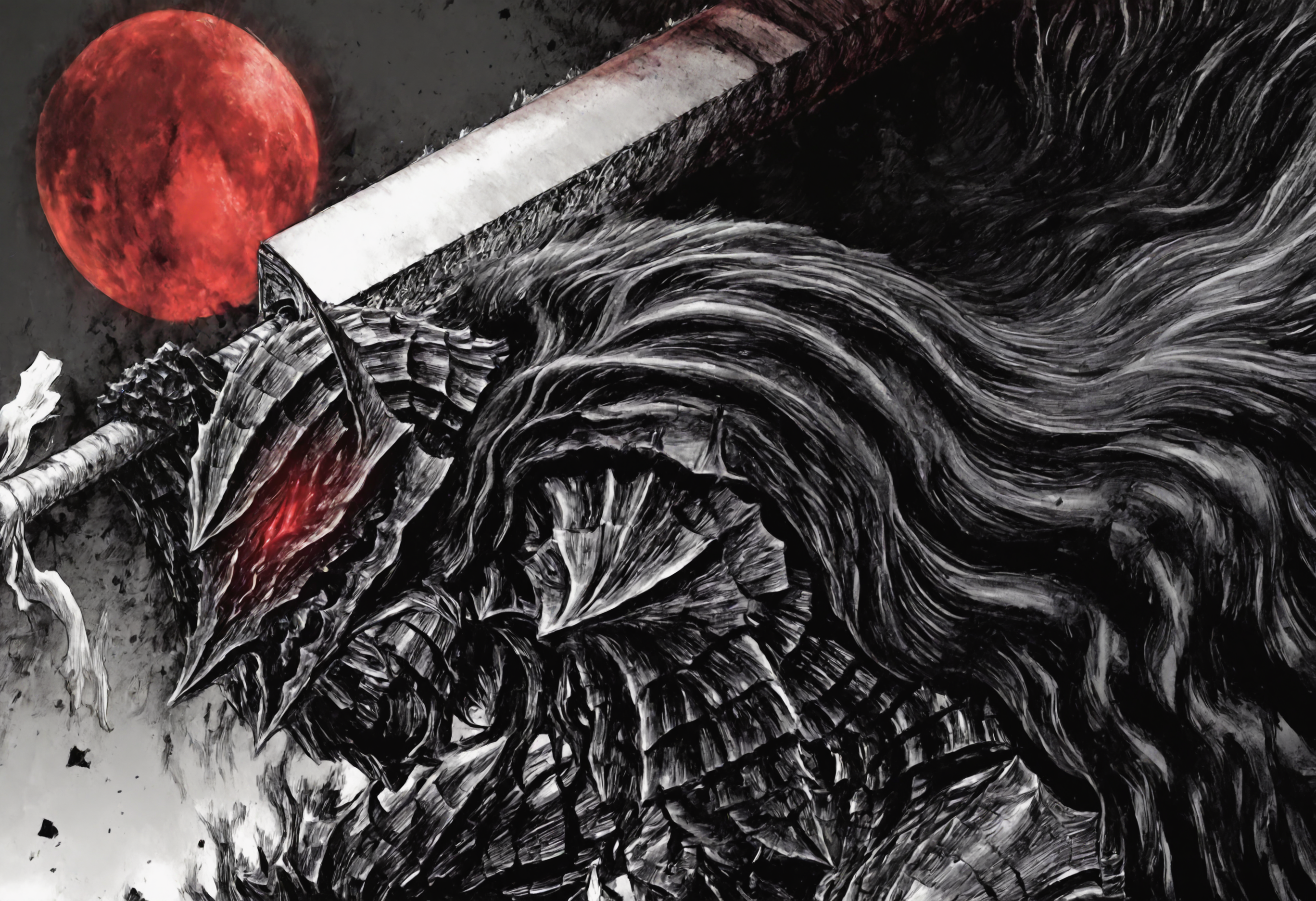 kentaro_miura_style, monochrome, greyscale,,guts \(berserk\), berserk armor, 1boy, solo, wielding-dragonslayer, cape, helmet, red eyes, holding sword, huge weapon, holding weapon, red blood, red moon, eye trail, speed lines, motion lines,masterpiece, best quality, newest, absurdres, highres, very awa, detail pupil, detail background <lora:None:1.0> <lora:ä¸æµ¦å¥å¤ªé-Kentaro_Miura_(Berserk)_style_illustriousXL:0.9500000000000002> <lora:DNFé£æ ¼-Dungeon_&_Fighter_style_(DNF_style&DFO_style)_Style-Noob:0.5000000000000001> <lora:æ ¼æ¯-Guts-Berserker_Armor:0.25000000000000006> <lora:Dragonslayer_Sword_-_Berserk-Illustrious:0.8000000000000002>