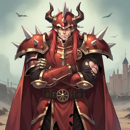 score_9, score_8_up, score_7_up, score_6_up, source_anime, BREAK, <lora:GulcasaPonyXL:0.4> , guldef, 1boy, red hair, long hair, yellow eyes, armor, full armor, spikes, shoulder armor, horned helmet, spiked helmet, horned headwear, shoulder spikes, cape, red cape, pauldrons, gauntlets, greaves, solo,cowboy shot, looking at viewer, serious expression, angry, crossed arms, <lora:zy_Detailed_Backgrounds_v1:0.3> , detailed background, highly detailed, exterior, castle, fortress, daytime, battlefield, wasteland, <lora:OldAnimeStyle_PonyXL:0.25> , Vintage, 1990s \(style\), <lora:Battle_Damage:0.01> , BattleDamage, cuts, bruises, damaged, torn clothes, blood,