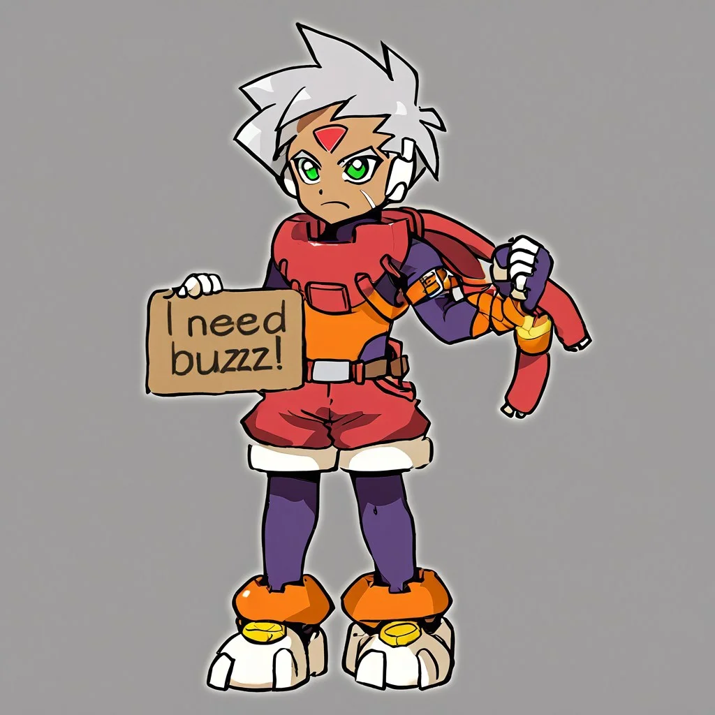 need_buzz, holding sign,grey \(mega man\),solo,green eyes,1boy,male focus,gloves,shorts,full body,red shorts,grey hair,arm belt,bodysuit,dark skin,forehead jewel,belt,cable,robot ears,facial mark,fingerless gloves,shoes,bracelet,pantyhose under shorts,pantyhose,clenched hand,dark-skinned male,shirt,orange shirt,