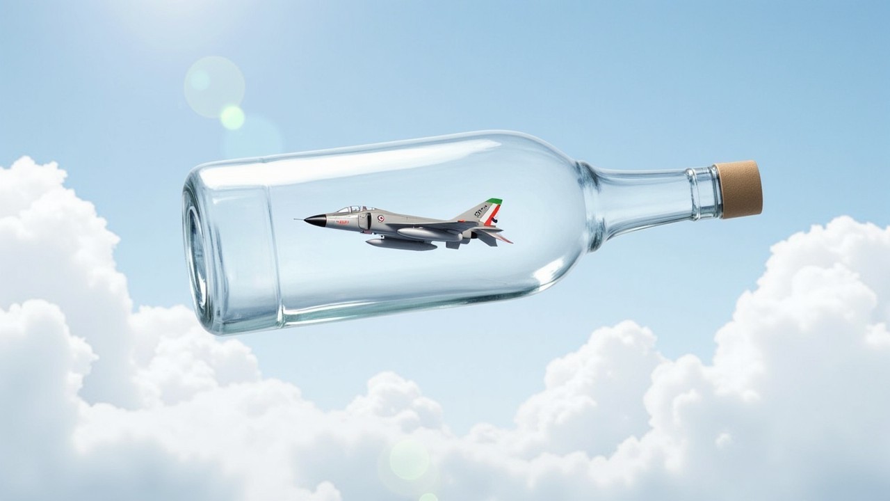 <lora:f-4-phantom-ii-flux-d:1.3>
A small F-4_Phantom_II model is suspended inside a crystal-clear glass bottle, which itself floats against a dreamy sky. Clouds drift around it, and sunlight refracts through the bottle walls. A whimsical, surreal composition blending realism with visual metaphor. Gentle lighting and magical stillness.