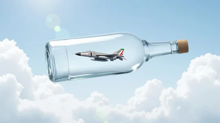 <lora:f-4-phantom-ii-flux-d:1.3>
A small F-4_Phantom_II model is suspended inside a crystal-clear glass bottle, which itself floats against a dreamy sky. Clouds drift around it, and sunlight refracts through the bottle walls. A whimsical, surreal composition blending realism with visual metaphor. Gentle lighting and magical stillness.