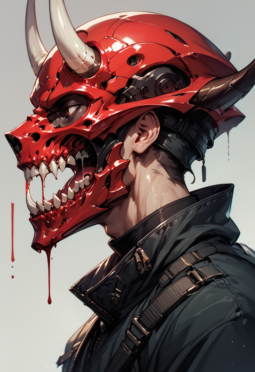 (score_9, score_8_up), score_7_up, zPDXL, solo, simple background, 1boy, jacket, upper body, male focus, horns, teeth, grey background, from side, gradient, gradient background, saliva, blood, profile, mask, turtleneck, helmet, sharp teeth, portrait, high collar, fake horns, dripping, horned headwear, horned helmet, skull mask
<lora:BioPunky:0.9>