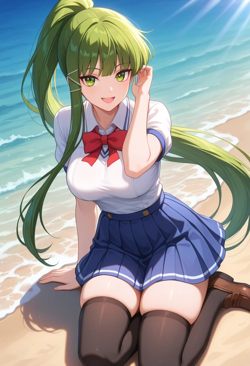 masterpiece, best quality, amazing quality, 1girl, solo, eikoww, green eyes, green hair, long hair, very long hair, ponytail, sidelocks, hair ornament, large breasts, school uniform, white school shirt, short sleeves, red bowtie, blue pleated skirt, black thighhighs, zettai ryouiki, loafers, <lora:Teruya_Eiko_Ichiban_Ushiro_no_Daimaou_ill:0.9>, sitting, yokozuwari, hair tucking, adjusting hair, floating hair, wind, looking at viewer, smile, open mouth, outdoors, day, beach, ocean, skindentation, detailed clothing folds, depth of field, sharp, high contrast, dynamic light