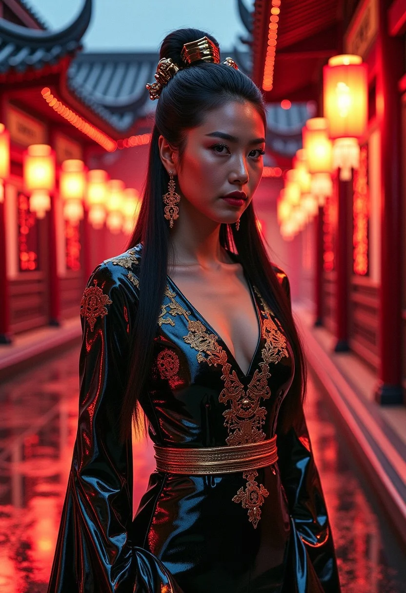 A stunning photorealistic portrait of a busty young East Asian woman in a fusion of traditional and futuristic fashion, standing in a serene courtyard at night. She wears a sleek, form-fitting hanfu-inspired gown made of glossy black and gold latex, with intricate cyberpunk-inspired embroidery glowing faintly. The deep neckline elegantly reveals her collarbone and cleavage, blending elegance with sensuality. The flowing latex sleeves shimmer under neon and lantern light, while a structured, high-tech obi belt with metallic accents cinches her waist.
Her long, black hair is styled in an elaborate updo adorned with futuristic golden hairpieces and glowing red ornaments. Her deep, captivating eyes and her detailed skin reflect the ambient neon and lantern lights. The traditional Chinese courtyard setting is transformed with cyberpunk elements—glowing lanterns now infused with neon hues, digital calligraphy on wooden pillars, and a soft mist rising from the ground. The background features red lacquered buildings with soft holographic projections blending with ancient architecture.
The scene is illuminated by a mix of moody, cinematic lighting—red and gold lanterns casting warm shadows, while subtle neon glows create a striking contrast. The image is captured in **Annie Leibovitz’s** signature dramatic portrait style, with ultra-high detail, 8K resolution, lifelike textures, and a perfect balance of softness and sharp contrast.