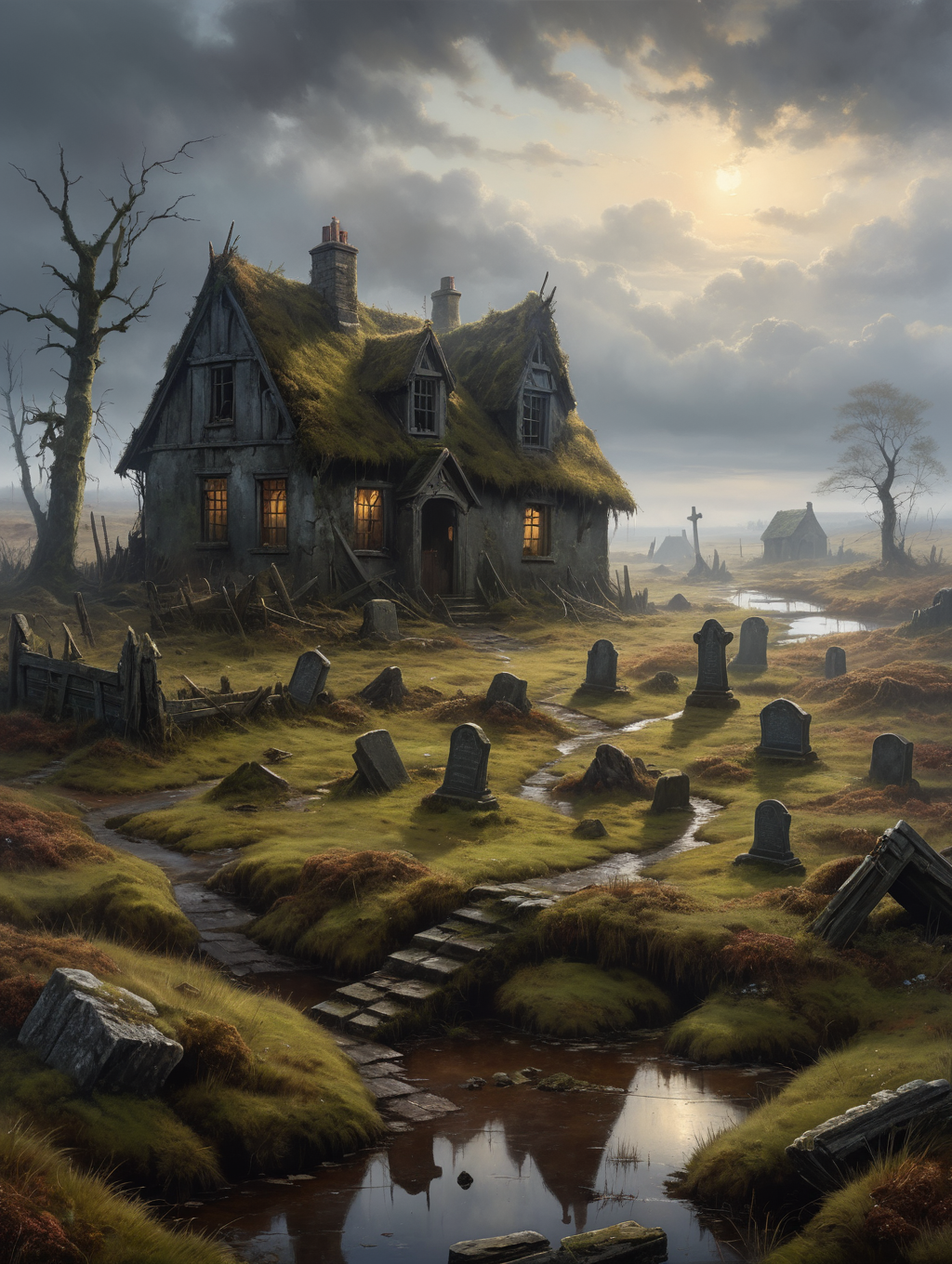 oil painting, An abandoned village on a gloomy moorland, surrounded by misty swamps and a secret cemetery inhabited by the ghosts of the past, dramatic light,  34K uhd, masterpiece, high detail, 8k, intricate, detailed, high resolution, high res, high quality, <lora:add-detail-xl:1.8>, highly detailed, Extremely high-resolution details, fine texture,