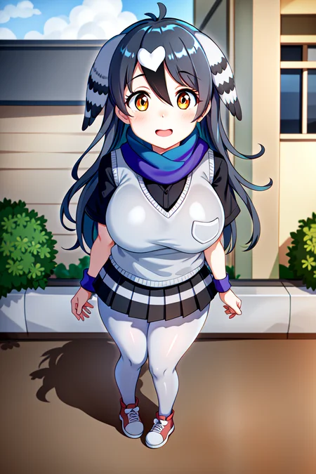 <lora:RockDoveKemonofriends_Kawarabato:0.6>,KAWARABATO
1girl,solo,masterpiece, best quality, high quality,delicate facial features,mishoujo,hyper_detail,game cg, finely detailed beautiful eyes and detailed face,lustrous skin,colorful
rock_pigeon_(kemono_friends),bird_girl,head wings,long hair, multicolored hair, grey hair, black hair, bird tail, bird wings, orange eyes,brown eyes, hair between eyes,large breasts,
multicolored clothes,shirt,vest,pleated skirt,pantyhose, scarf, shoes, short sleeves, wristband,
(looking at viewer:1.4), (full_body:1.3),(standing:1.4),blush,smile,open mouth,:3,
(city:1.3),(street, ),blue_sky,cloud,