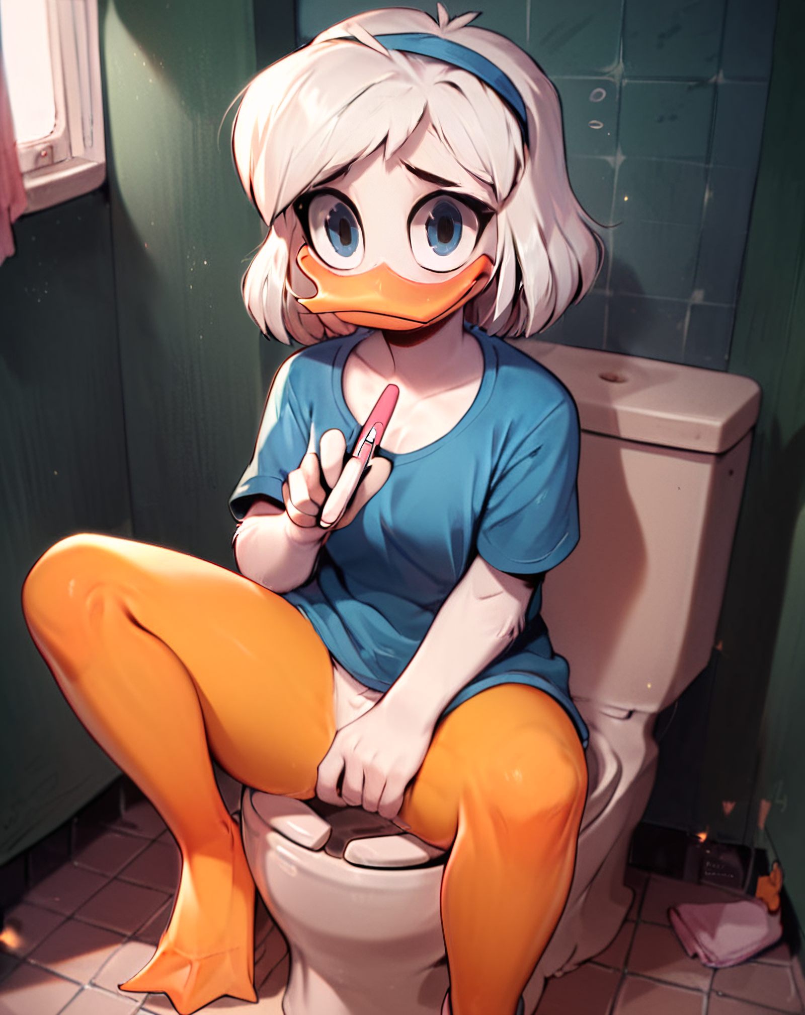 score_9, score_8_up, score_7_up, score_6_up,score_5_up,score_4_up, 1girl,   source cartoon, della duck, ducktales, duck, beak, bird, white skin, white body, short hair, hair, white hair, female, orange legs, webbed feet, scut tail, cute, tired, worried, sitting down, on toilet, inside bathroom, bad light, short half way down, elbows on legs, looking at you, dutch angle shot,  legs spread,  pregnancy test, <lora:Della_Duck:1> <lora:Pregnancy_Test:1>, ZPDXL, <lora:more_details:1>  <lora:xl_more_art-full_v1:1> <lora:ugly_style:-1>