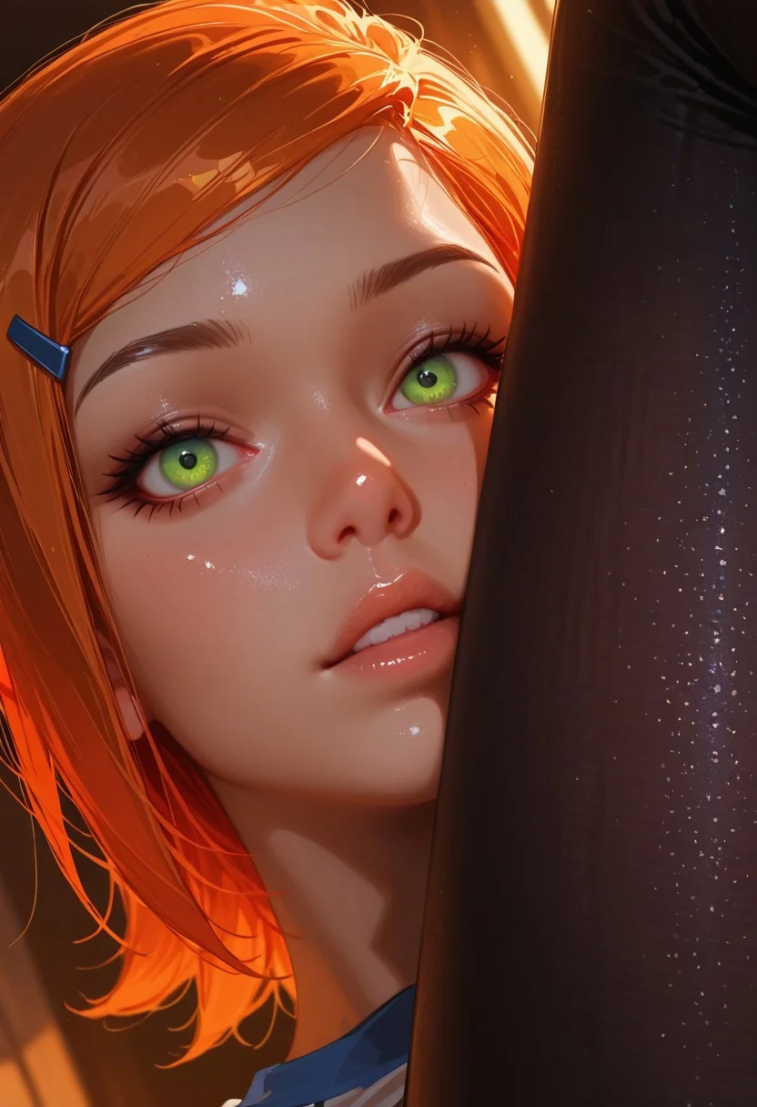 very detailed, flat color, no lineart, Vibrant Contrast, gradient colors, particle effect, (fine fabric emphasis:1.2), (((masterpiece, amazing quality, best quality, ultra-detailed, 8K, illustration, amazing quality, newest, absurdres, realistic))), highres, very aesthetic, absurd res, hi res, very awa, dynamic angle, refined, volumetric lighting, cinematic lighting, blurry background, close up vivid colors, ((source_realistic:1.6)), hyper detailed, (dynamic pose:1.4), depth of field, photorealistic colors,
1girl, slim, fit, realistic, beautiful eyes, gwen tennyson (/Ben10)/,(ultra HD quality details), bright orange hair, short hair, (green eyes), mouth opened, hiding, focusing on colorful beetle