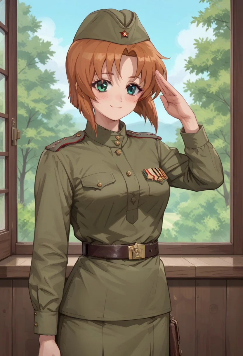 score_9, score_8_up, score_7_up, score_6_up, anime screencap, anime coloring, source_anime, 1girl, ryuuguu rena, thick thighs, blue eyes, blush, orange hair, short hair, big medium breasts, height 141 cm, smile,
Soviet Military uniform, Soviet garrison cap, belt, salute, look at the viewer, smile, skirt, green eyes, window, tree,
handfixer, detailed eyes,
Outdoor, half body,