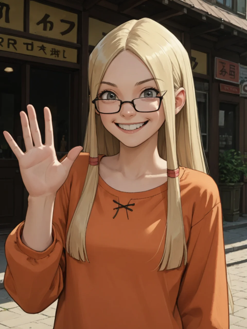 score_9, score_8_up, score_7_up, score_6_up, BREAK, Gr3taBarrym0re, 1girl, solo, long hair, blonde hair, orange shirt, long sleeves, glasses, smile, upper body, raise left hand, waving, looking at viewer,<lora:Greta Barrymore-000009:1>