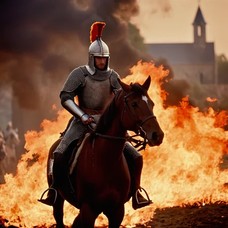 cinematic film still of <lora:detailed:0.2>
<lora:perfection style:0.2>
<lora:Ron Fricke style:0.1>
<lora:Braveheart film style:1>
In 1280 a medieval military man in armor and orange outfit riding a horse on a fire,weapon,male focus,multiple boys,armor,helmet,fire,riding,explosion,horse,burning , 13th century, cinematic, kodak, Braveheart film style, shallow depth of field, vignette, highly detailed, high budget, bokeh, cinemascope, moody, epic, gorgeous, film grain, grainy