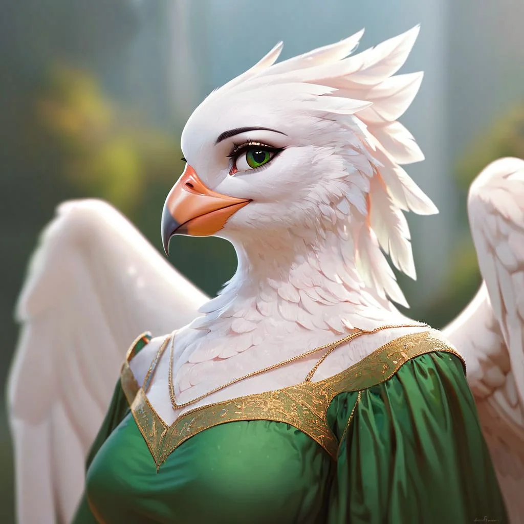 (((beautiful, high quality))), upper Body, score_9, score_8_up, score_7_up,
Aarakocra, furry bird, wings, 1girl, white feathers, green eyes, green dress,
looking at the viewer, posing, blurred background,