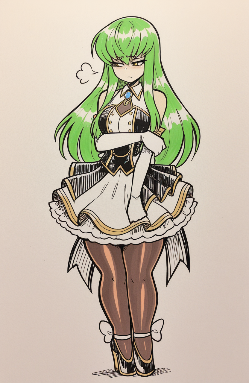 1girl, solo, traditional media, sketch, hatching \(texture\), 
c.c., long hair, green hair, yellow eyes, idol outfit, stage costume, layered skirt, pantyhose, heels, long gloves, microphone accessory, standing, slightly hunched, pensive gaze, sigh, sad,
 <lora:JamoART_v4:1> jamoart, extremely detailed, highres, masterpiece, best quality