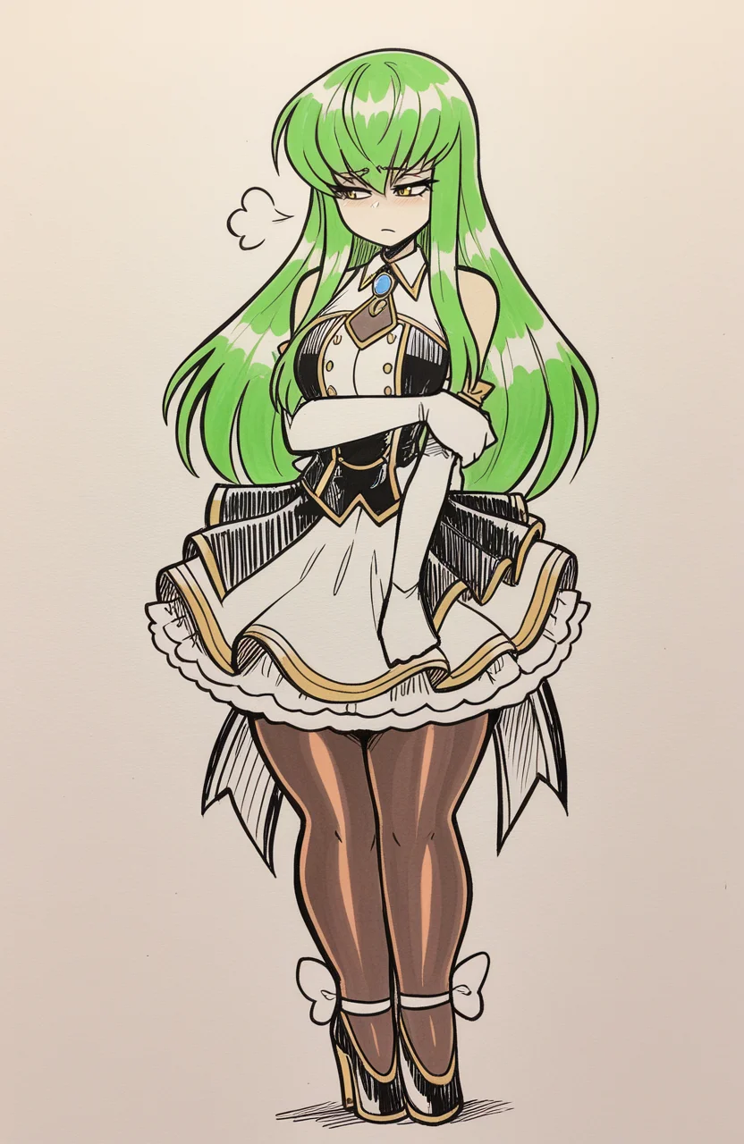 1girl, solo, traditional media, sketch, hatching \(texture\),
c.c., long hair, green hair, yellow eyes, idol outfit, stage costume, layered skirt, pantyhose, heels, long gloves, microphone accessory, standing, slightly hunched, pensive gaze, sigh, sad,
<lora:JamoART_v4:1> jamoart, extremely detailed, highres, masterpiece, best quality