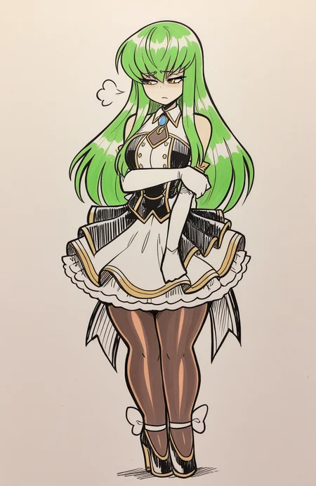 1girl, solo, traditional media, sketch, hatching \(texture\), 
c.c., long hair, green hair, yellow eyes, idol outfit, stage costume, layered skirt, pantyhose, heels, long gloves, microphone accessory, standing, slightly hunched, pensive gaze, sigh, sad,
 <lora:JamoART_v4:1> jamoart, extremely detailed, highres, masterpiece, best quality