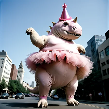<lora:person_XL_chonkasaurus:1> photograph of a extremely large (chonkasaurus:1) towering over a tiny city, dressed up as a ballerina wearing a pink tutu and a party hat