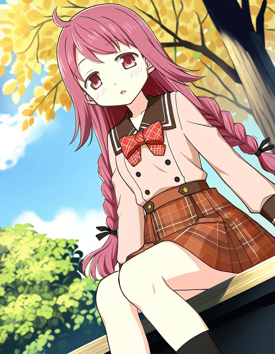 masterpiece, best quality, newest, absurdres, highres, safe, 1girl, himuro lavi \(school uniform\), magia record: mahou shoujo madoka magica gaiden, solo, sitting, open mouth, outdoors, dutch angle, <lora:himuro_lavi_noobaiXLNAIXL_vPred10Version:0.7>