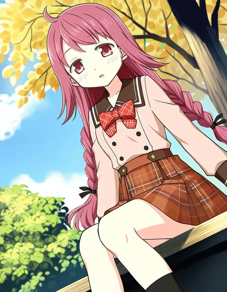 masterpiece, best quality, newest, absurdres, highres, safe, 1girl, himuro lavi \(school uniform\), magia record: mahou shoujo madoka magica gaiden, solo, sitting, open mouth, outdoors, dutch angle, <lora:himuro_lavi_noobaiXLNAIXL_vPred10Version:0.7>