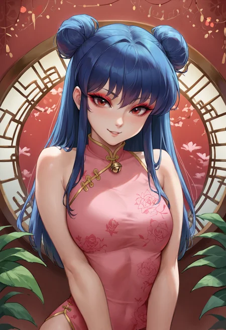 score_9, score_8_up, score_7_up, BREAK  ict style, 1girl, shampoo \(ranma 1/2\), blue hair, red eyes, double bun, smile, looking at viewer,cowboy shot, long hair, pastel pink china dress, brown eyes,red eyeshadow, long sidelocks ,red background, round window, bangs,jingle bell, plant,
