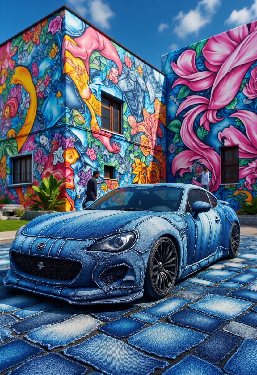 <lora:Denim_Dreamer_FLUX-000021:0.9>  
The image is a CGI rendering of a sports car designed to resemble a patchwork quilt made from denim fabric, complete with a whimsical, surreal aesthetic.