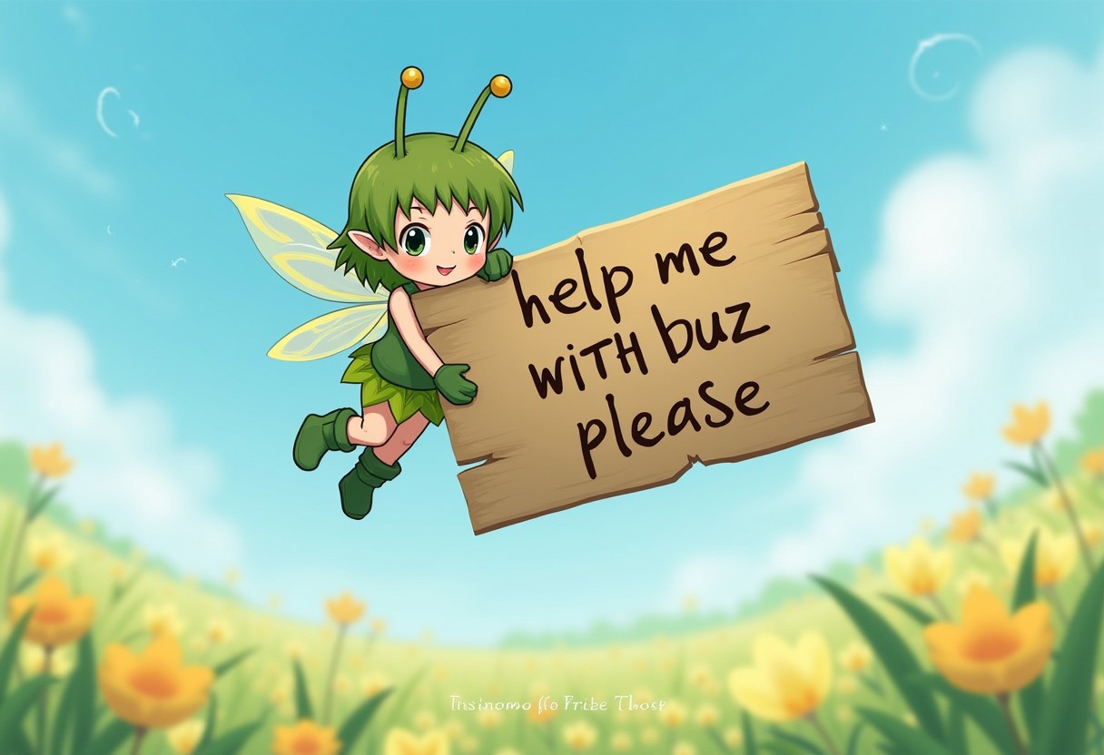 little fairy with brown skin and green eyes with short green hair and pointy ears, anime style, with antennas on her head, golden wings, floating, blue sky, field of flowers, fairy with leaf dress, floating, flying, fairy holding a large wooden sign with carved words that say: "help me with buzz please", dust emanating as the fairy flies, smiling face, happy fairy, pink lips, fairy with insect features, pretty fairy, fairy with green gloves and green boots, looking at the viewer, front view, cute face, small pointy nose, friendly smile